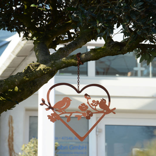 Deko Rost Herz mit Ast und zwei Vögeln zum Aufhängen