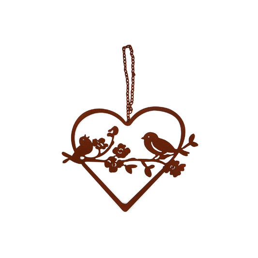 Deko Rost Herz mit Ast und zwei Vögeln zum Aufhängen