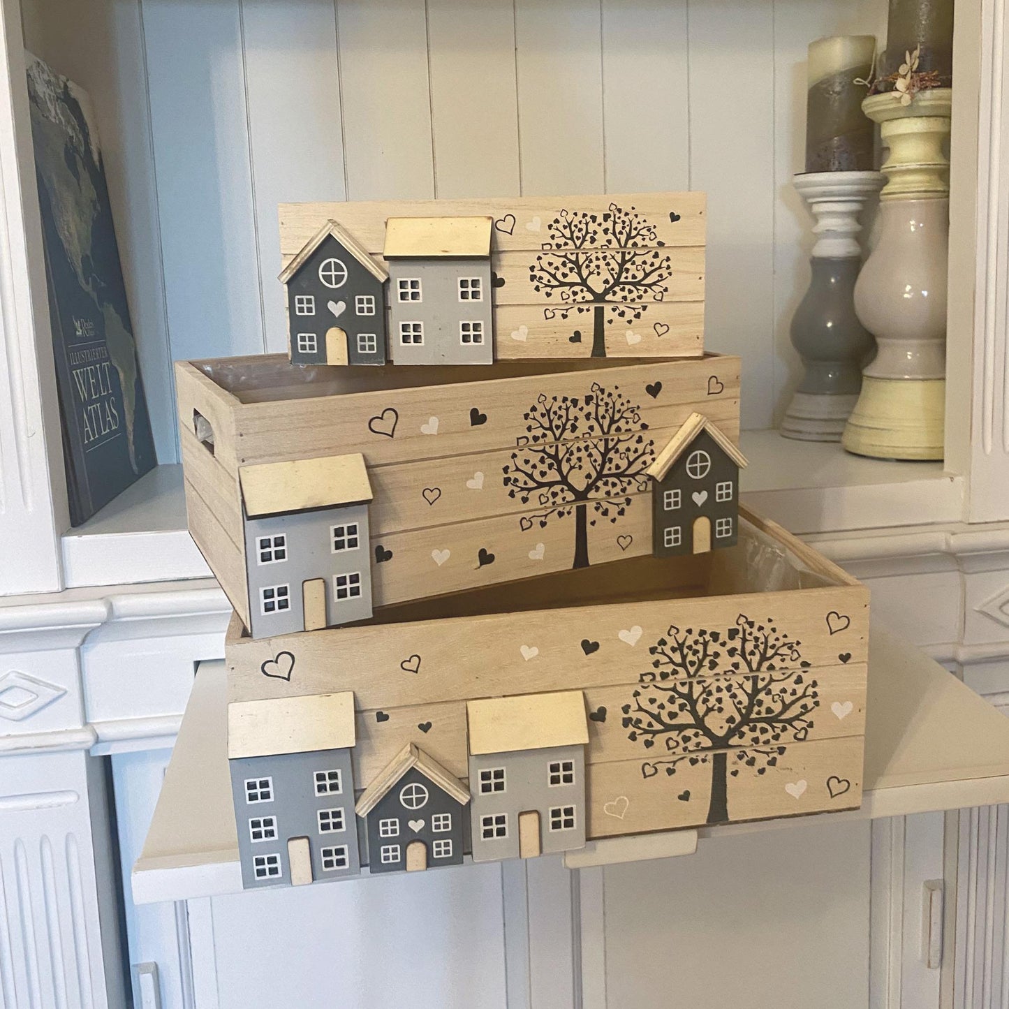 Holzkisten 3er Set White-Washed bepflanzbar