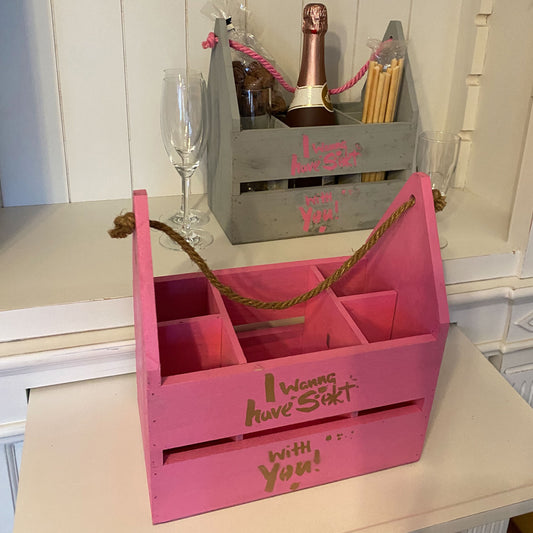 Flaschenträger pink "I wanna have Sekt with you" Holz