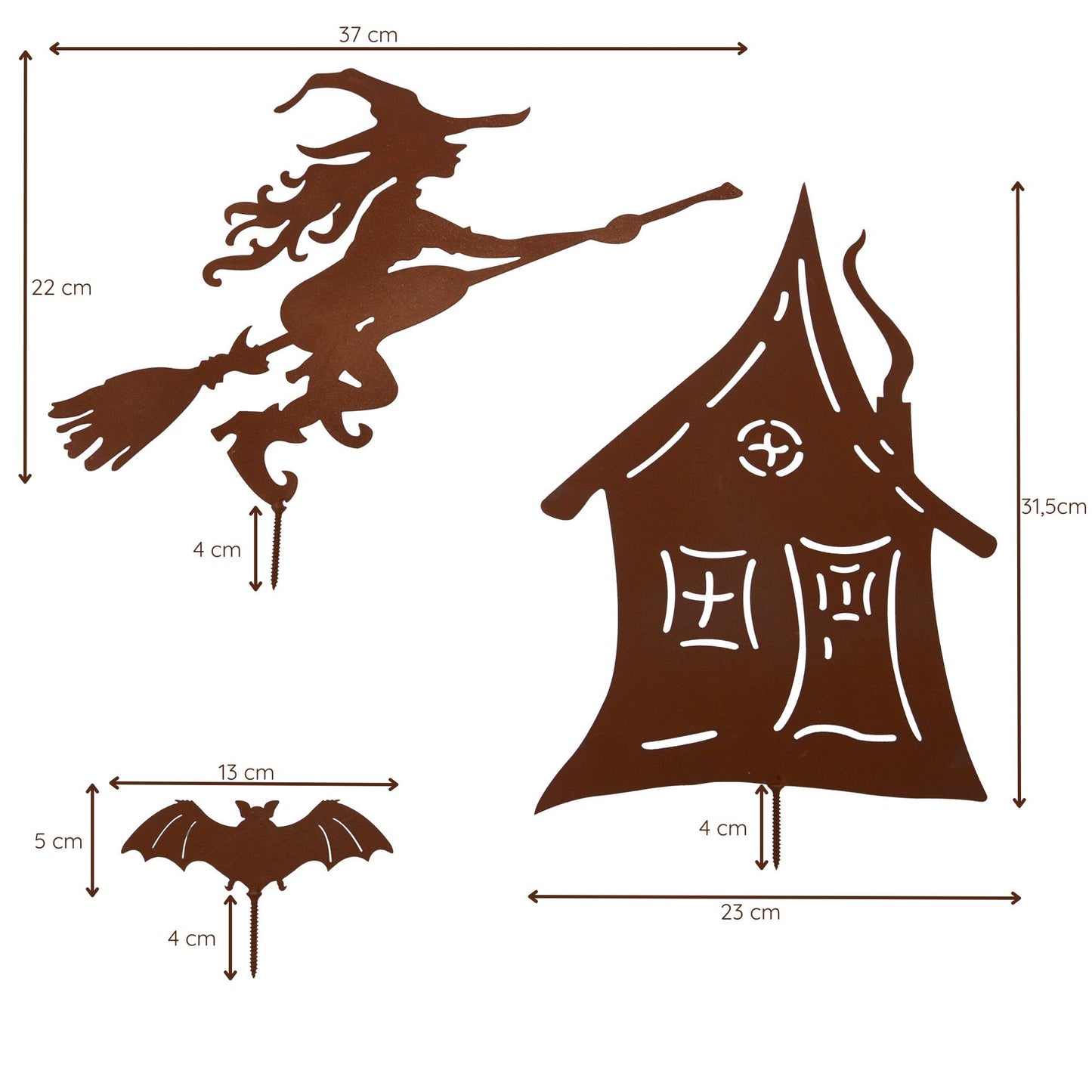 Gartenstecker Haus, Hexe und Fledermaus als 3er Set in Rostoptik