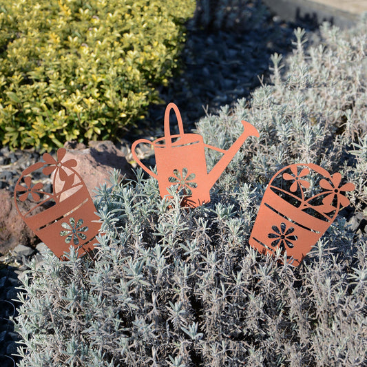 Gartenstecker Rost Gießkanne und Blumentöpfe 3er Set
