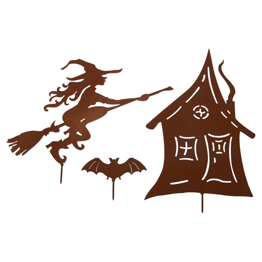 Gartenstecker Haus, Hexe und Fledermaus als 3er Set in Rostoptik