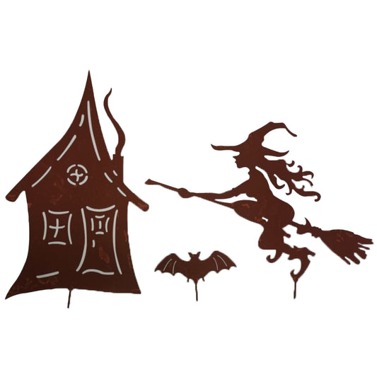 Gartenstecker Haus, Hexe und Fledermaus als 3er Set in Rostoptik