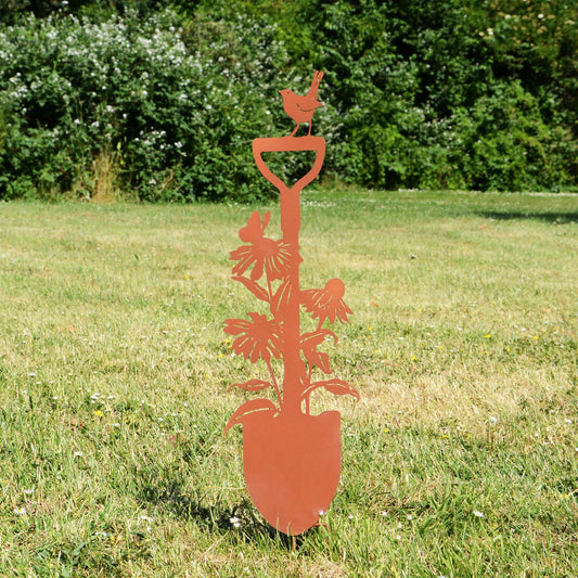 Gartenstecker Spaten mit Blumen und Vogel