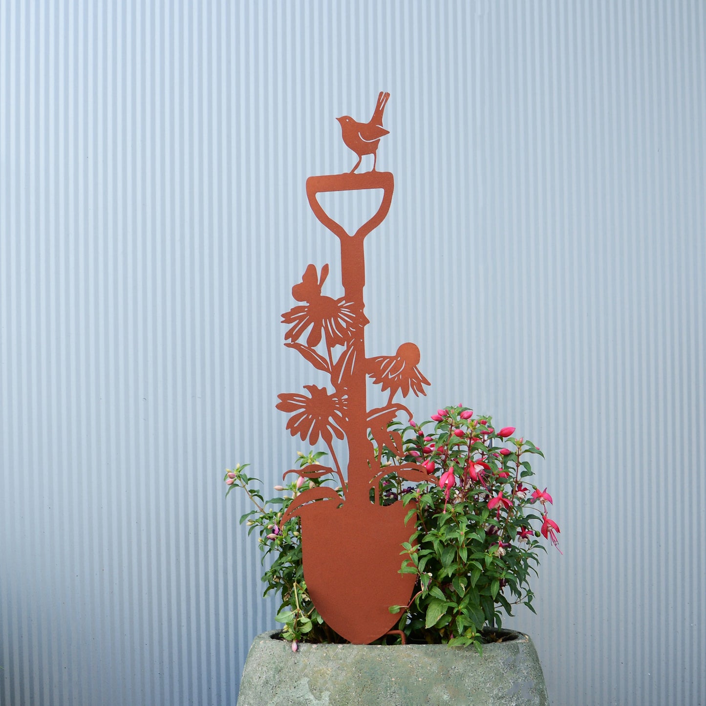 Gartenstecker Spaten mit Blumen und Vogel
