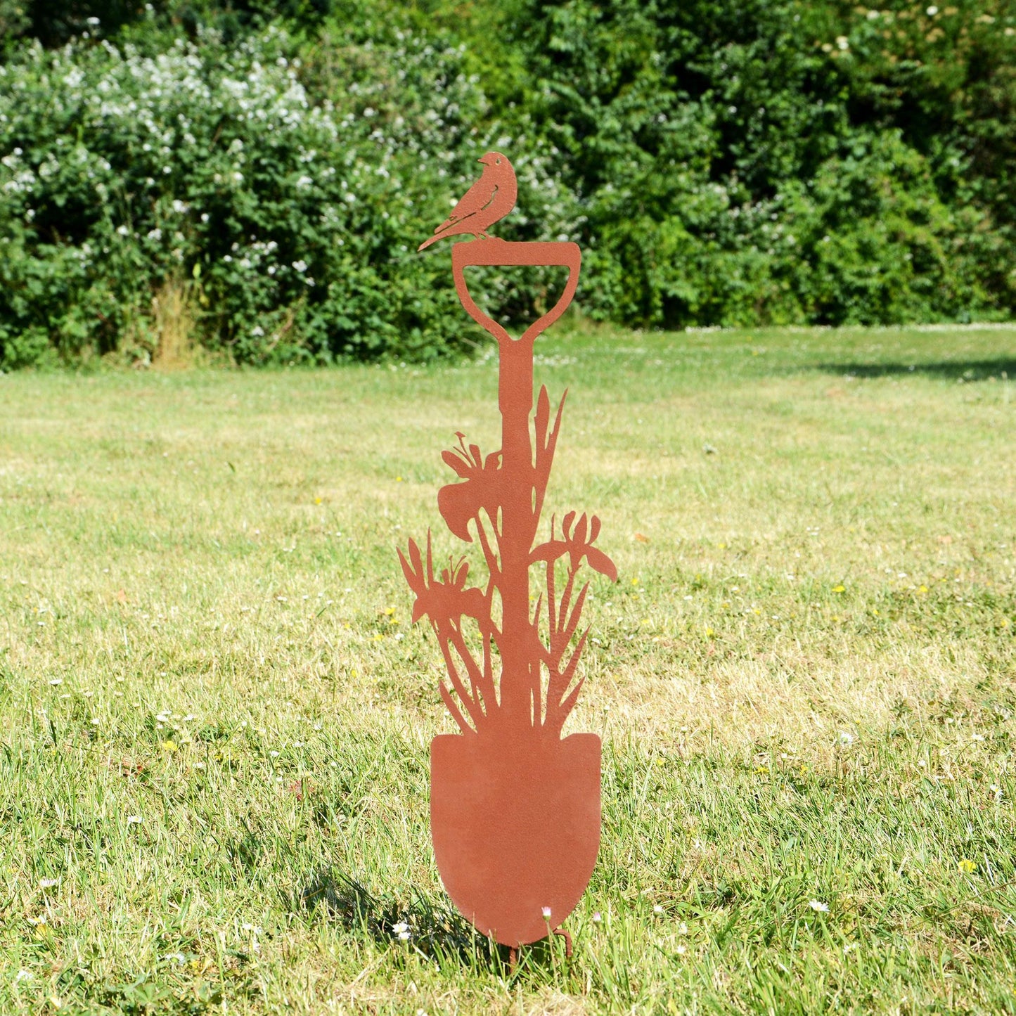Gartenstecker Spaten mit Blumen und Vogel