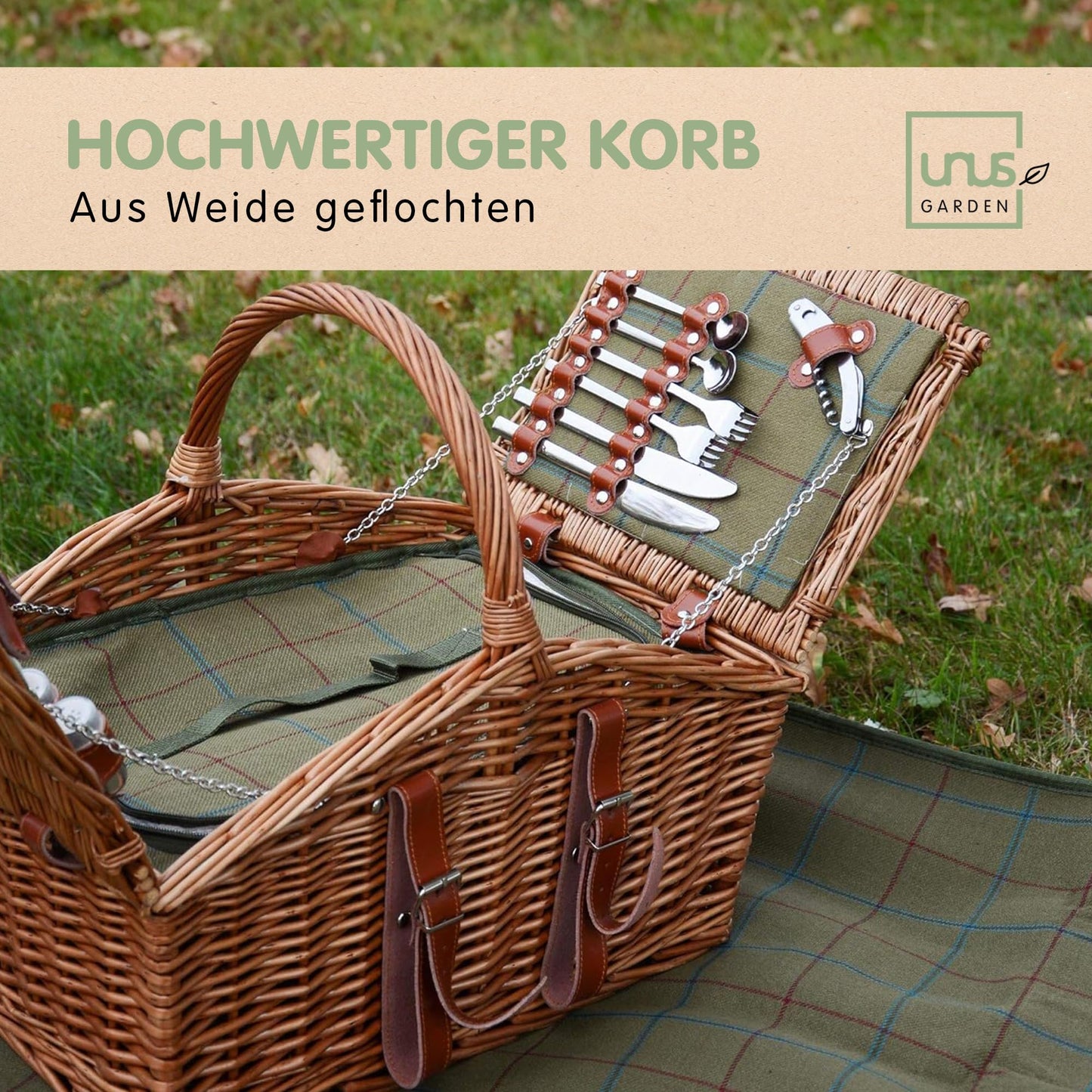 Picknickkorb mit Decke m Bügel u Inhalt für 2 Pers. natur