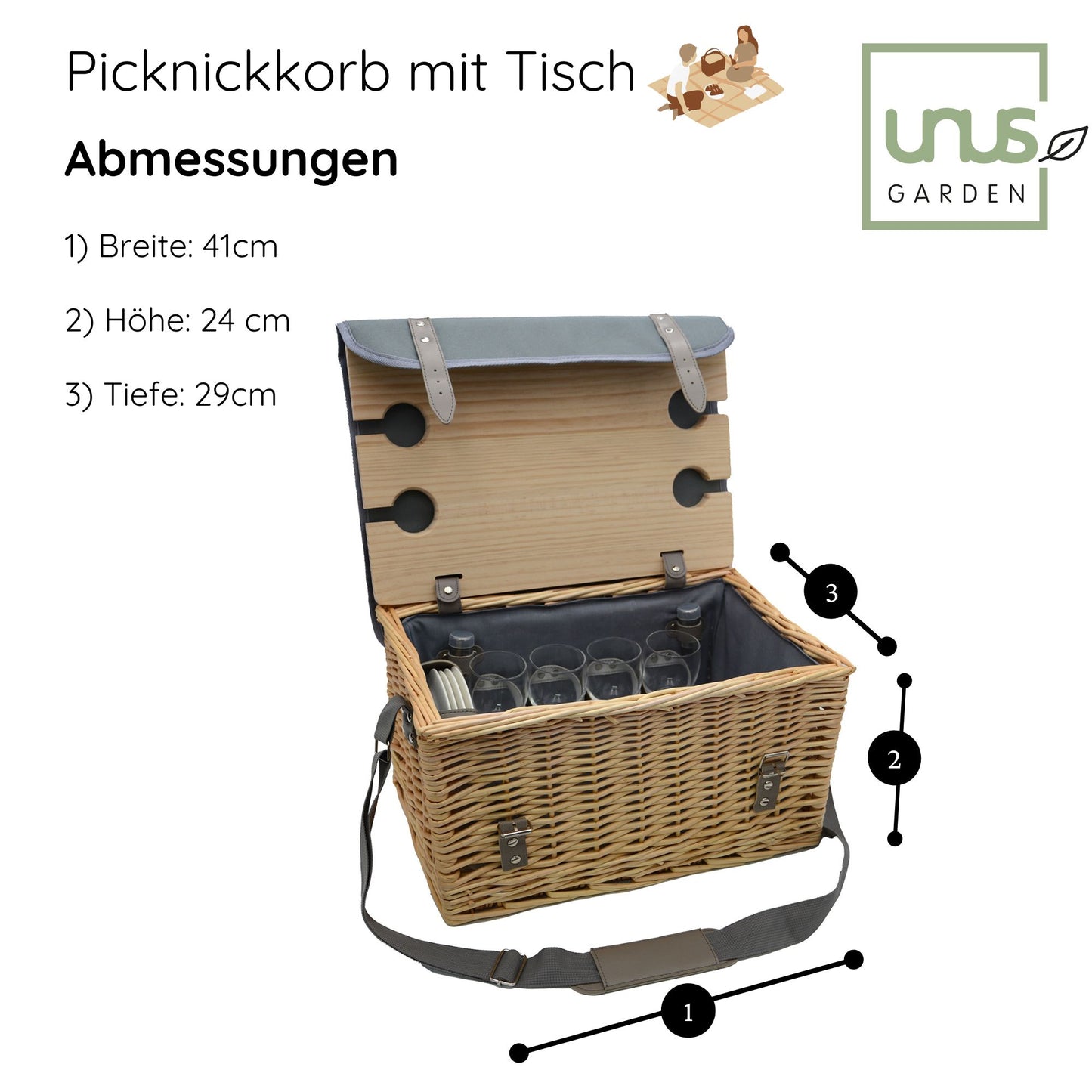 Picknickkorb 4-Personen 33-teiliges Komplettset mit Serviertisch
