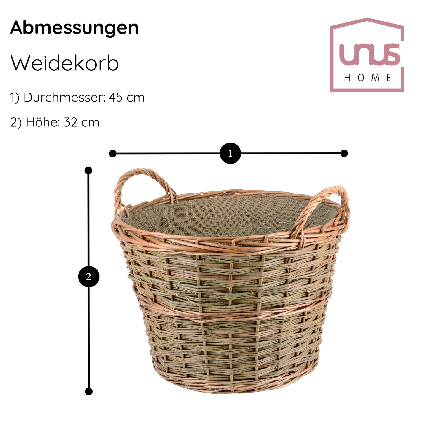 Korb Weide konisch m 2 Griffe innen gefüttert Ø45