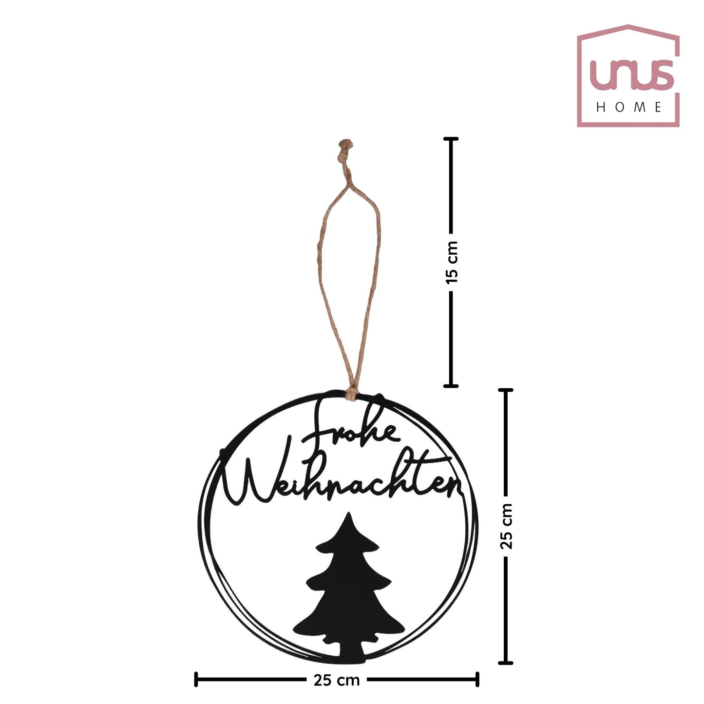 Aufhänger Metall rund frohe Weihnachten mit Tannenbaum schwarz