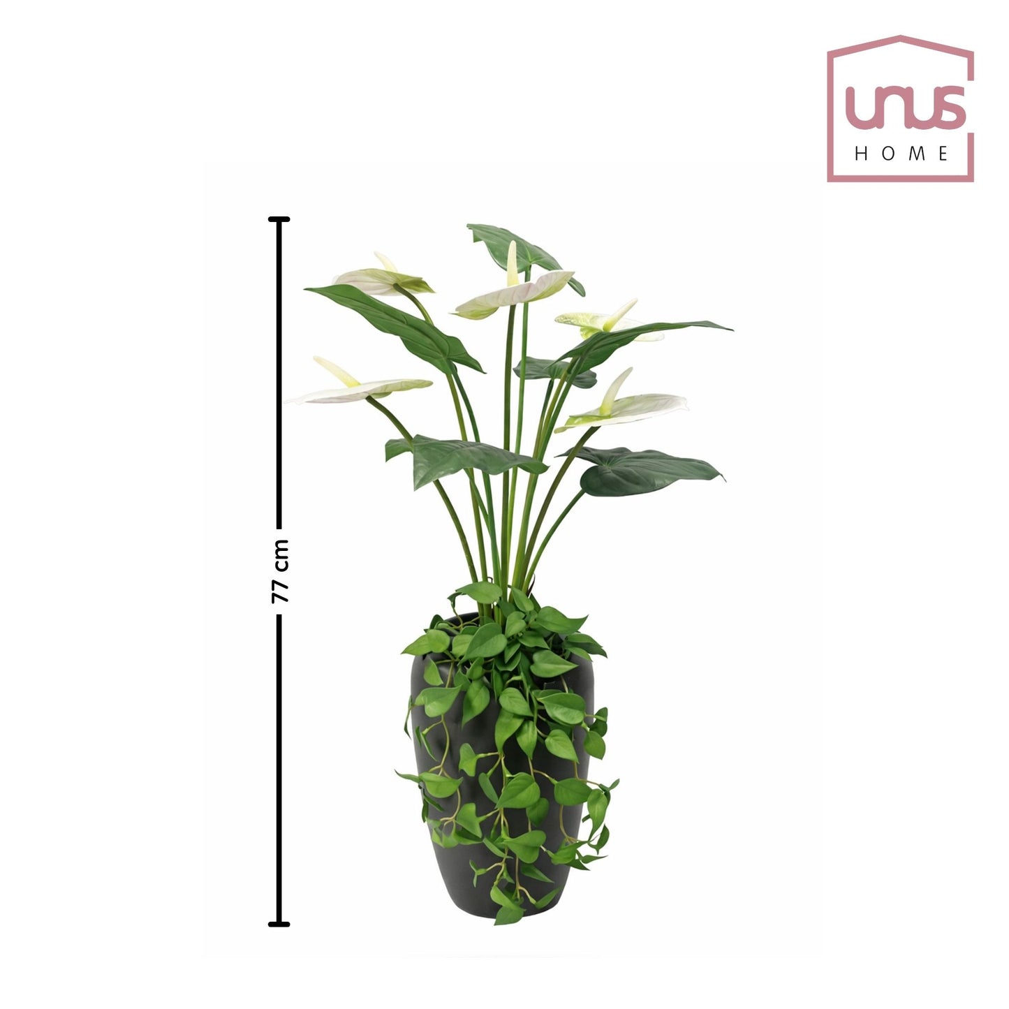 Kunstblume mit Vase Anthurium weiß mit Efeu hängend 77 cm