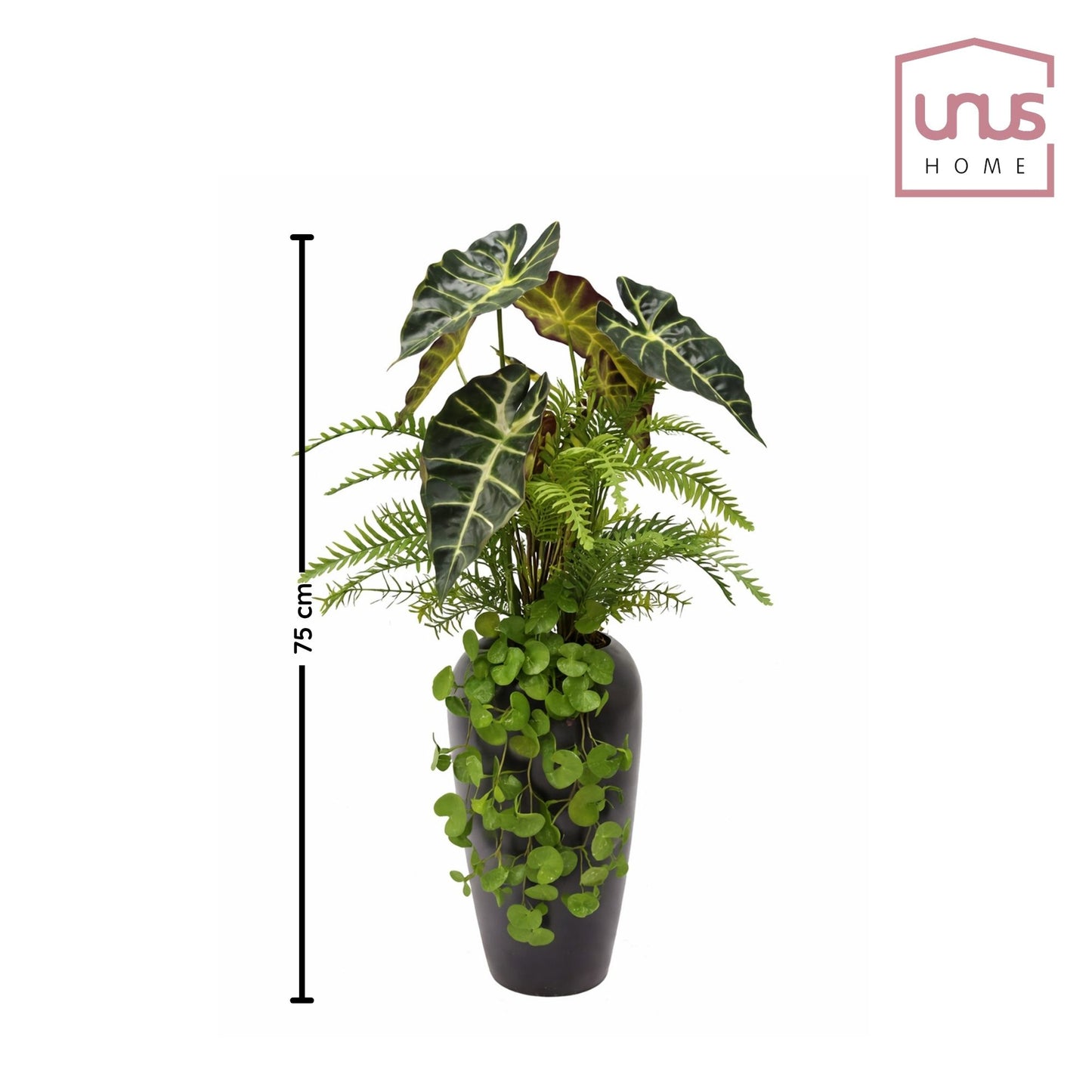 Kunstpflanze Alocasia mit Farn und hängendem Efeu in Vase 75 cm