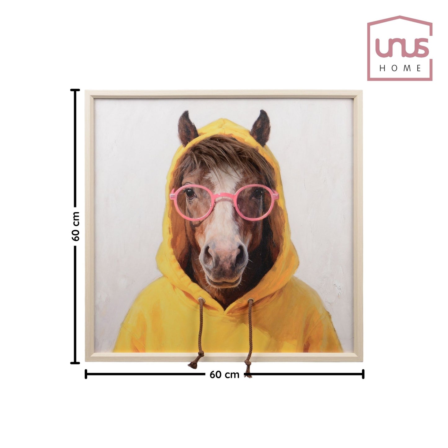 Wall Art 3D Hairfusion Pferd mit gelben Hoodie und Brille in pink 60x60