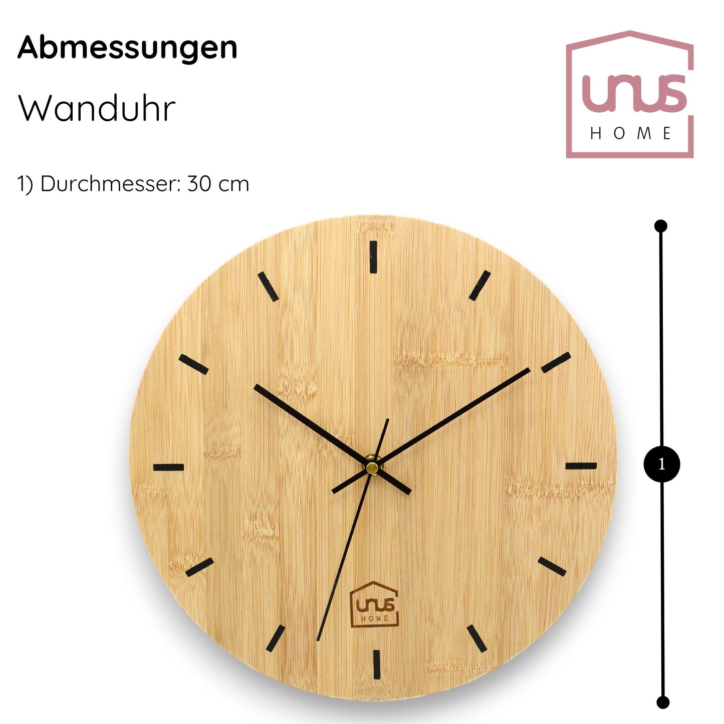 Wanduhr 30cm rund modern lautlos aus Bambus-Holz