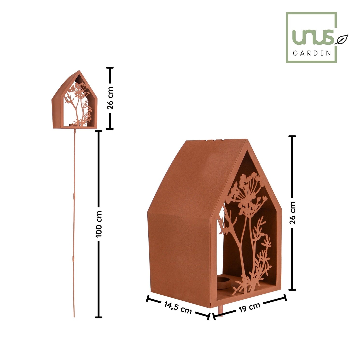 UNUS Lichthaus Garten mit Stab Rost verschiedene Motive