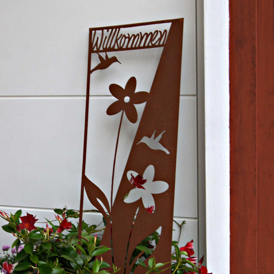 Stecker Rost Schild Blumen "Willkommen"