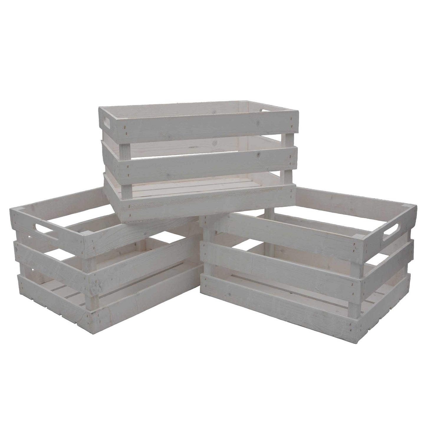 3er Kiste Holz rechteckig 3 Latten seitl. Eingriff-Hilfen white washed