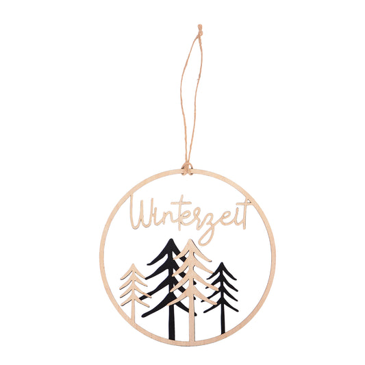 Aufhänger "Winterzeit" mit Tannenbäumen in schwarz