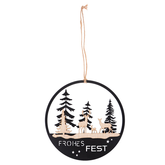 Aufhänger "Frohes Fest" mit Bäumen und Hirsch in schwarz
