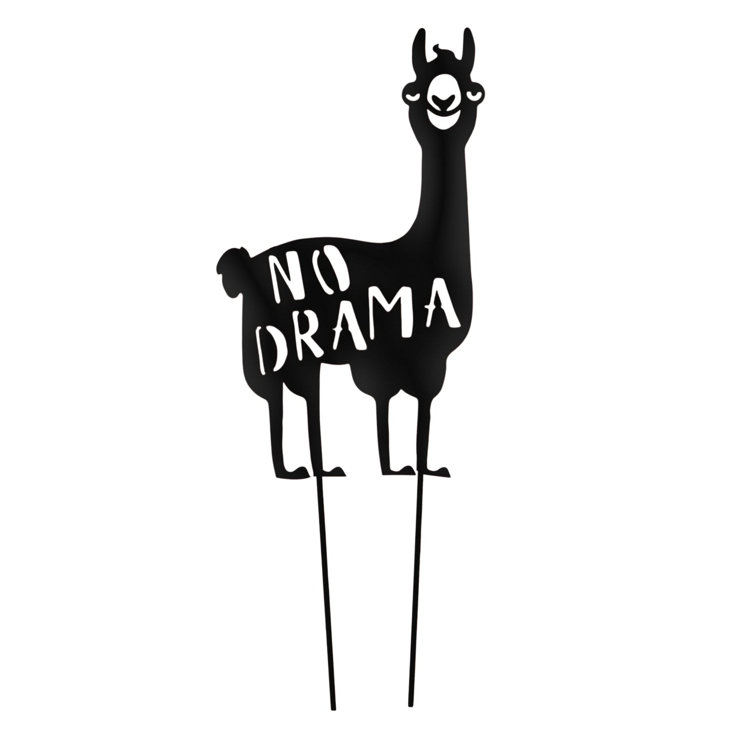 Gartenstecker in schwarzer Alpakaform mit ausgestanztem Schriftzug „No Drama“, ideal als humorvolle Dekoration für Beete oder Pflanzgefäße.