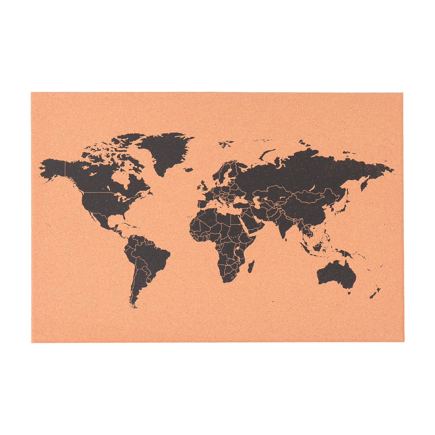 Das Bild zeigt ein rechteckiges Wandbild aus Kork mit einer schwarzen Weltkarte im minimalistischen Stil. Ideal als Pinnwand oder dekorativer Reiseplaner für Zuhause oder Büro.