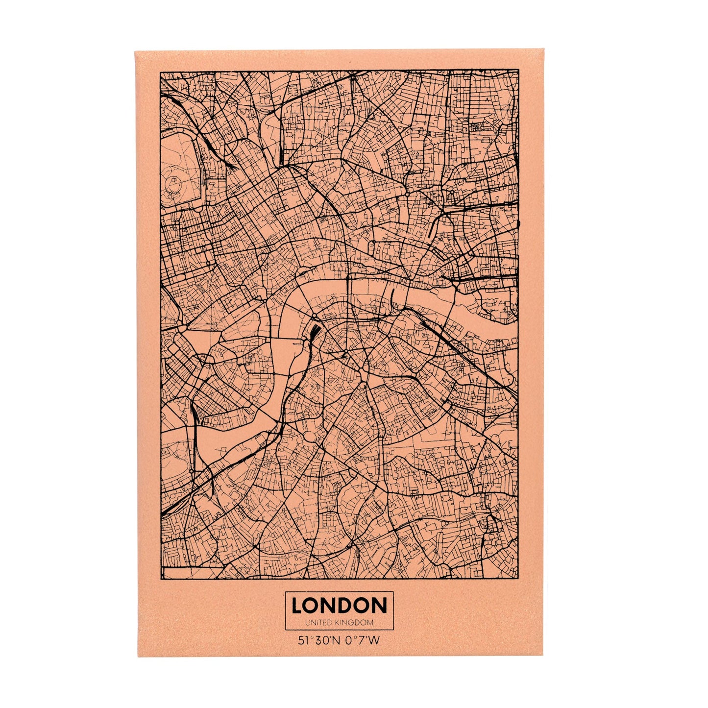 Rechteckiges Wandbild aus Kork mit schwarzem Stadtplan von London, darunter Schriftzug „London United Kingdom“ und Koordinaten 51°30'N 0°7'W.