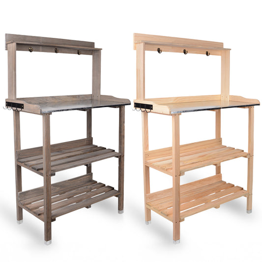 Pflanztisch grau oder natur mit 2 Böden und verzinkter Arbeitsfläche 78x36x131 cm