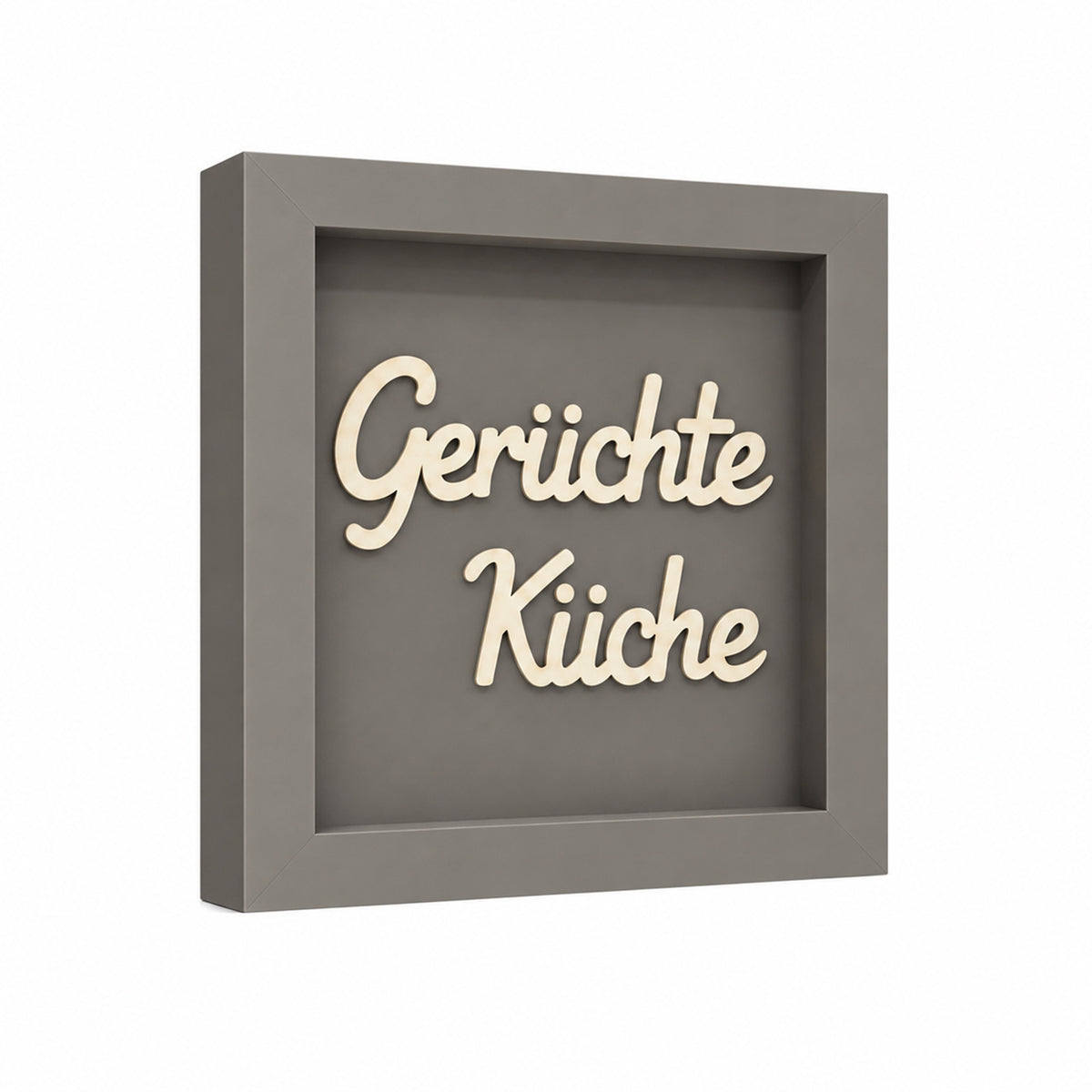 Wandbild aus Holz mit 3D Spruch „Gerüchte Küche“ 25x25cm
