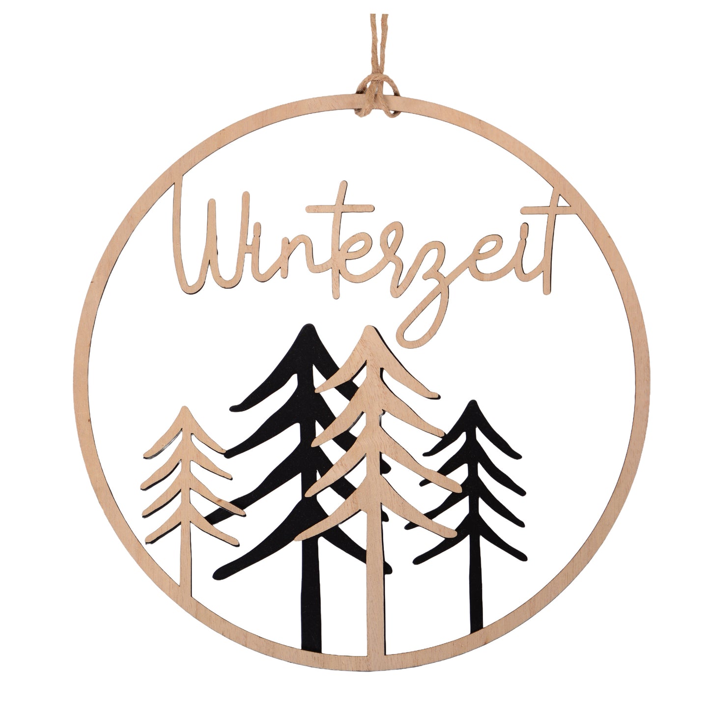 Aufhänger "Winterzeit" mit Tannenbäumen in schwarz