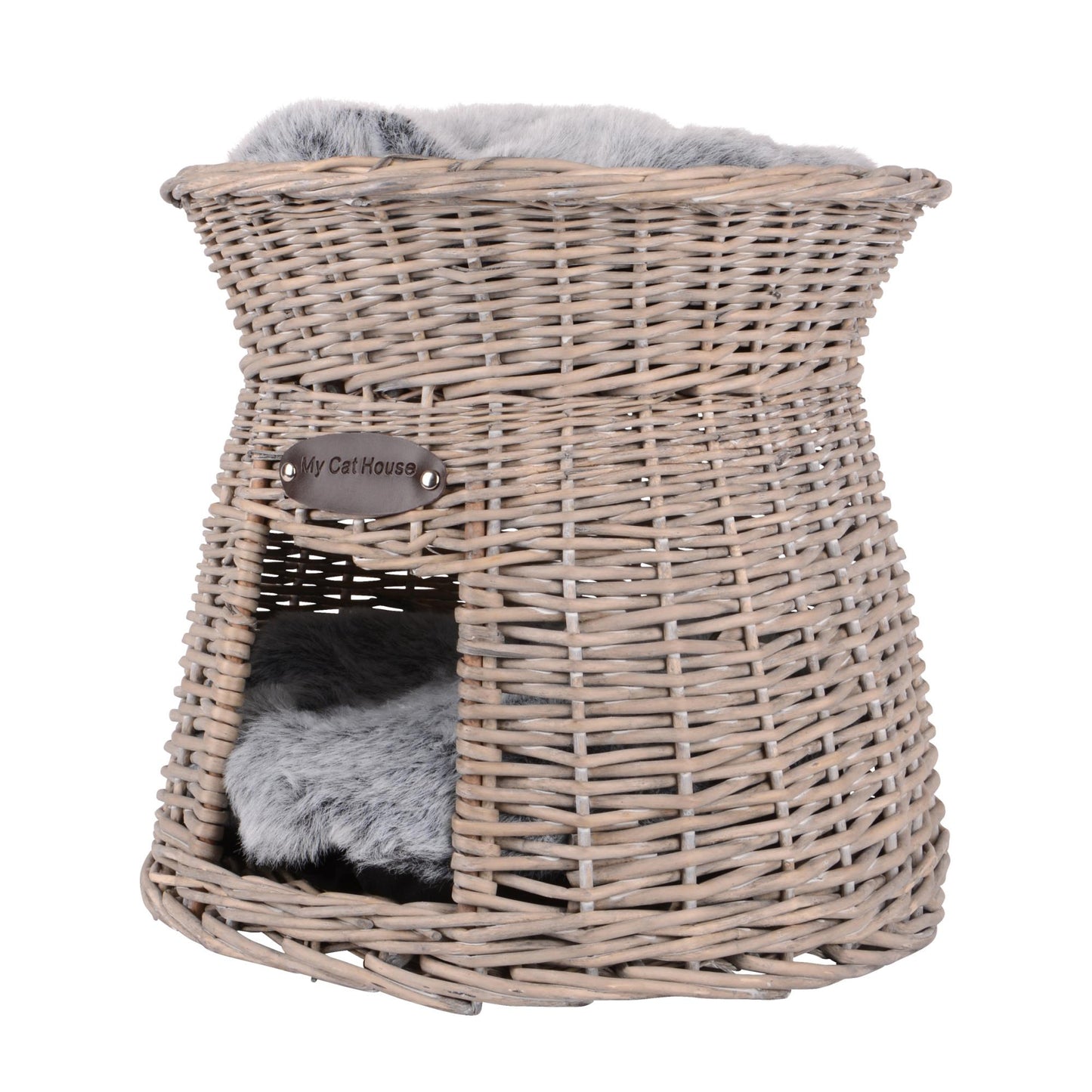 Katzenkörbchen, Katzenkorb, Katzenturm aus Rattan in Grau