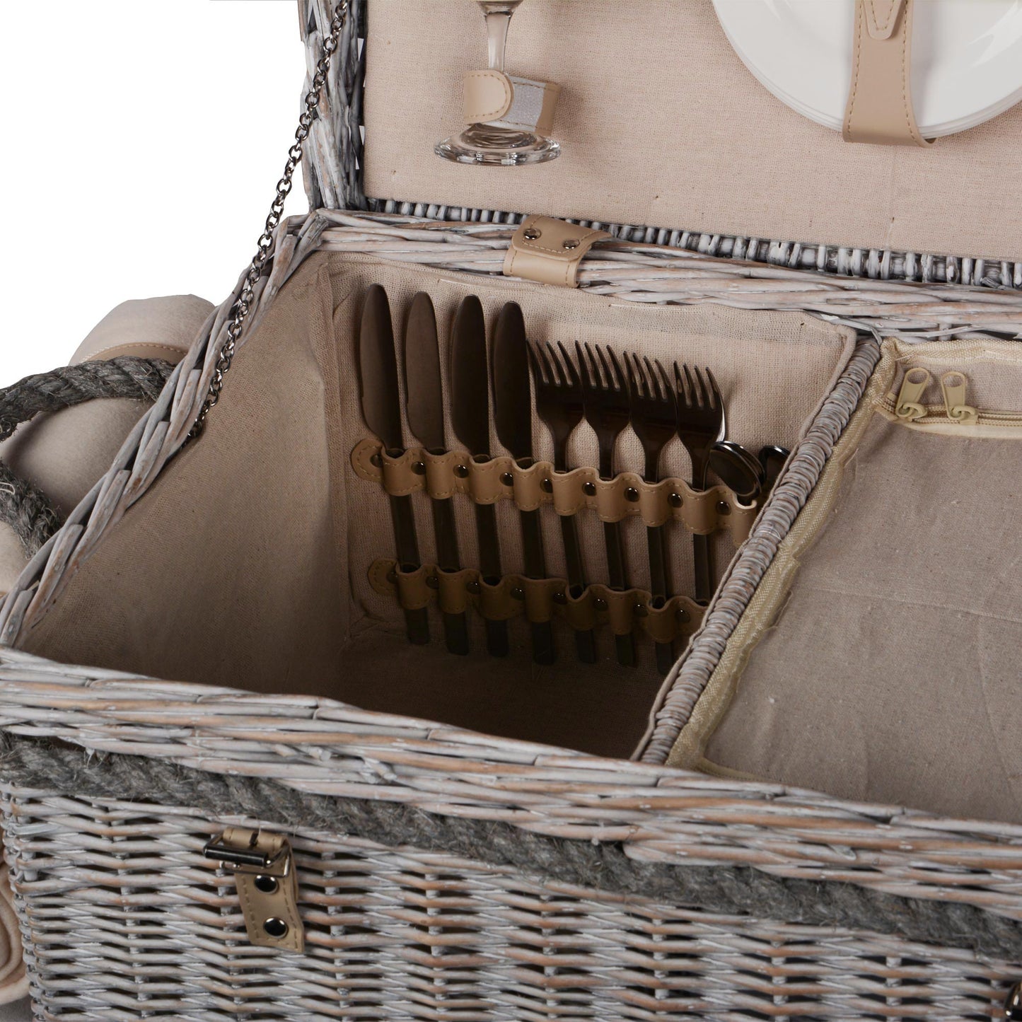 Picknickkorb mit Decke m Seilgriffe u Inhalt für 4 Pers natur