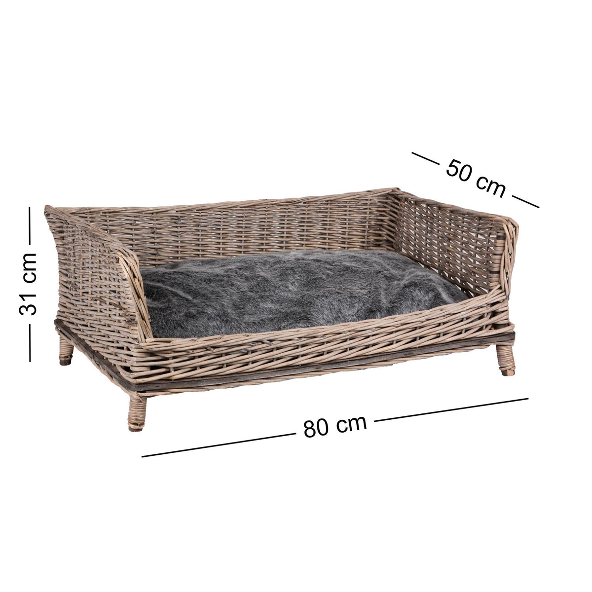 Haustierkorb grau/weiß washed eckig mit grauem Kissen klein/groß