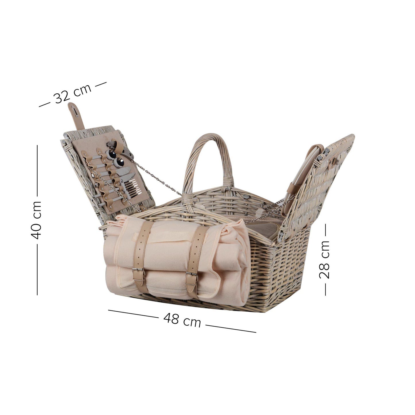 Picknickkorb mit Decke m Bügel u Inhalt für 2 Pers. grey white washed
