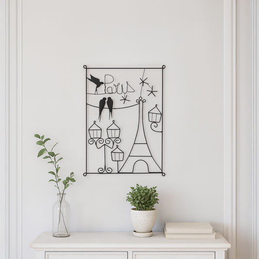 Metallkunst Eifelturm mit Paris Schriftzug und Vögeln in schwarz