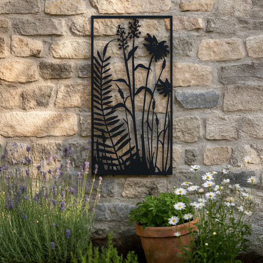 Metallbild Farn und Blumen mit Haken in schwarz