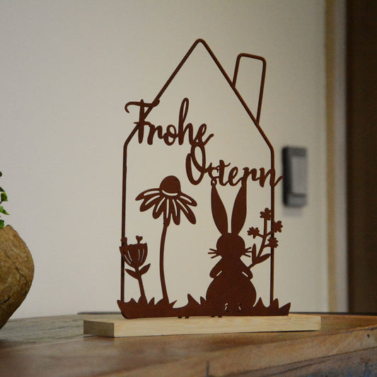 Aufsteller Silhouette Haus mit Hasen Frohe Ostern
