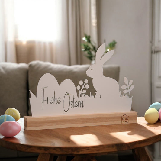 Aufsteller Frohe Ostern mit Hase weiß