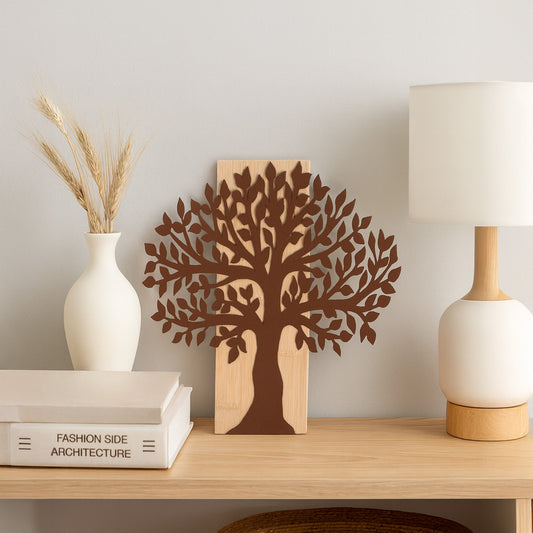 Aufhänger Metallbaum in Schwarz oder Rost mit Bambusbrett