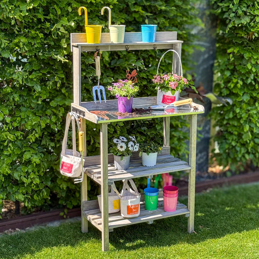 Pflanztisch grau oder natur mit 2 Böden und verzinkter Arbeitsfläche 78x36x131 cm