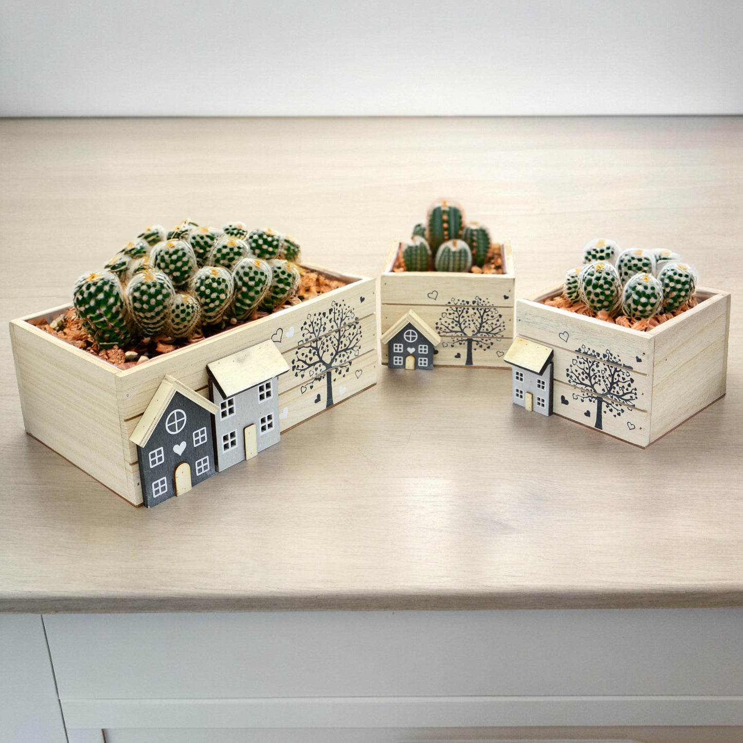Holzkisten 3er Set White-Washed bepflanzbar