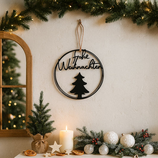 Aufhänger Metall rund frohe Weihnachten mit Tannenbaum schwarz