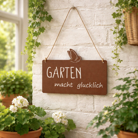 Aufhänger Gartenschild "Garten macht Glücklich" Rost