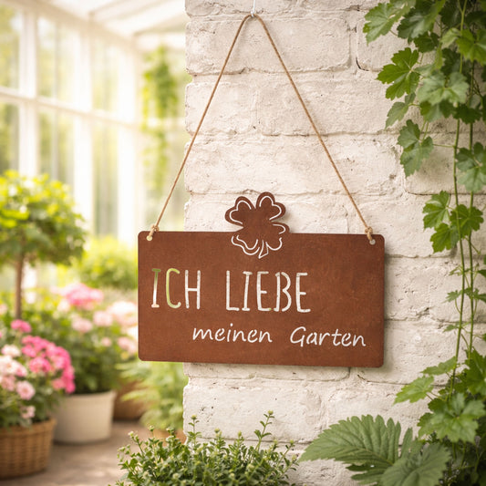 Aufhänger Gartenschild "Ich Liebe meinen Garten" Rost