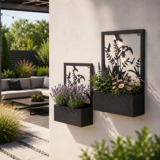 Blumenkasten mit Rankhilfe 2er Set Metall schwarz mit Blumen und Vögeln