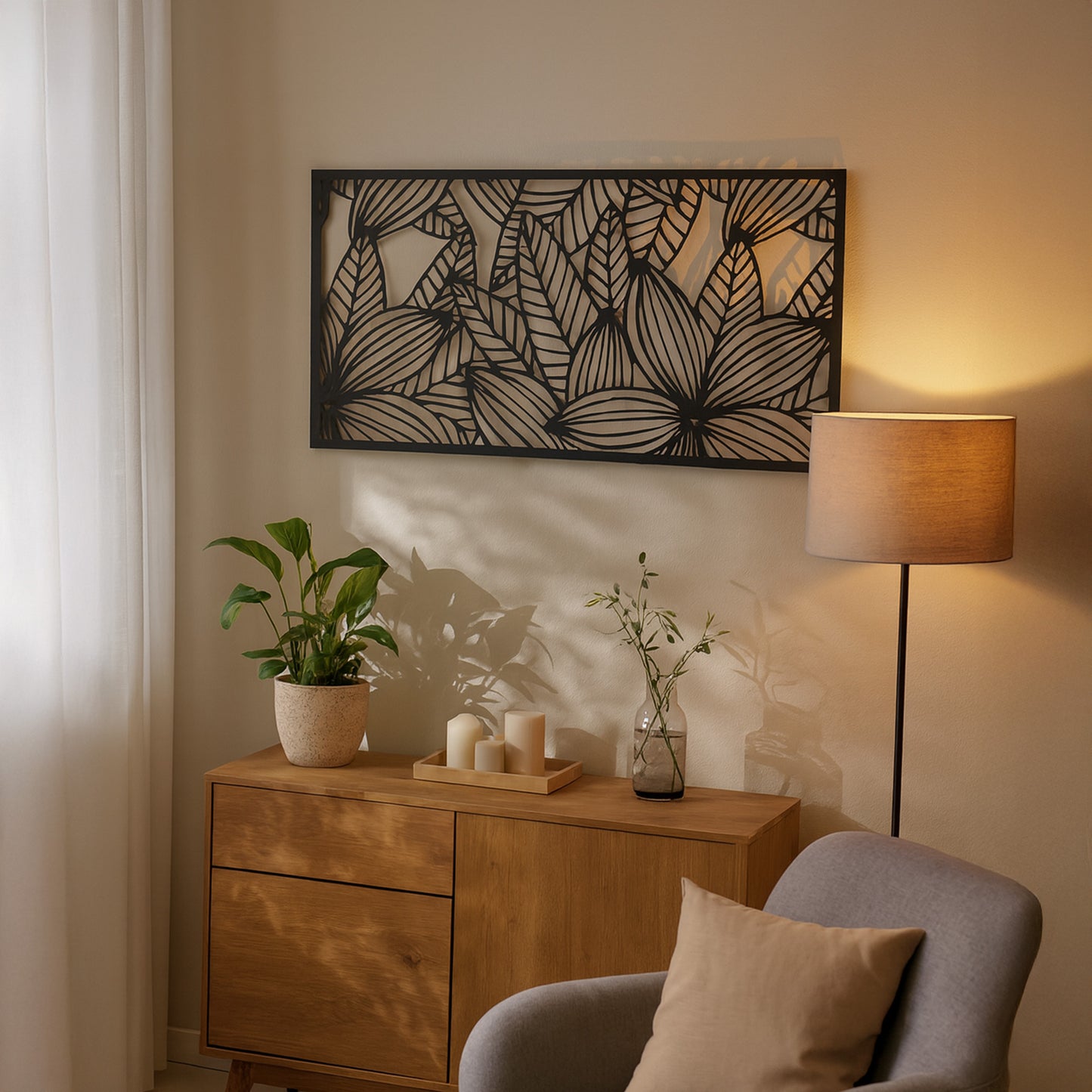 Metallbild Blumen mit Haken in schwarz