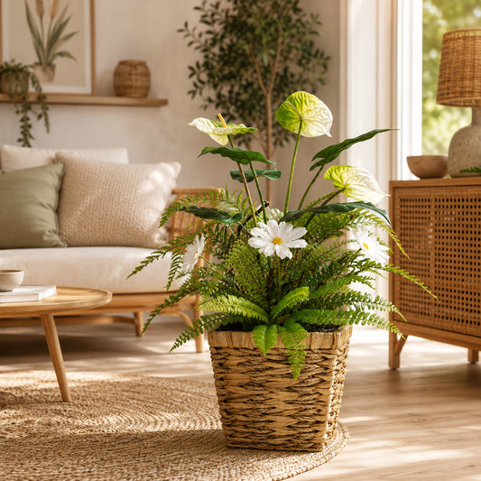 Kunstpflanze Kunstblume mit Anthurium Margeriten und Farn im Korb 63 cm