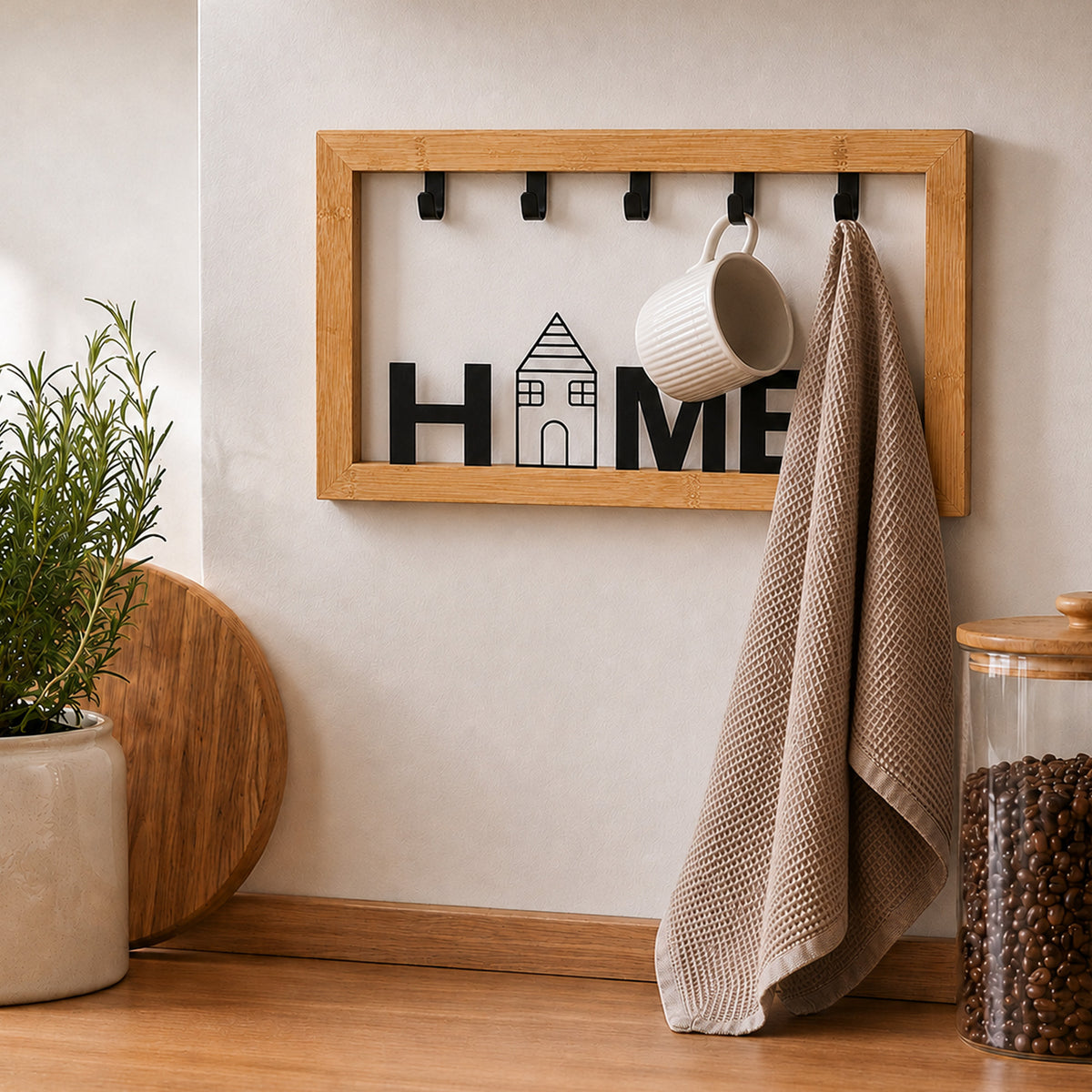 Schlüsselbrett Kira aus Bambus mit Text "Home" 5 Haken