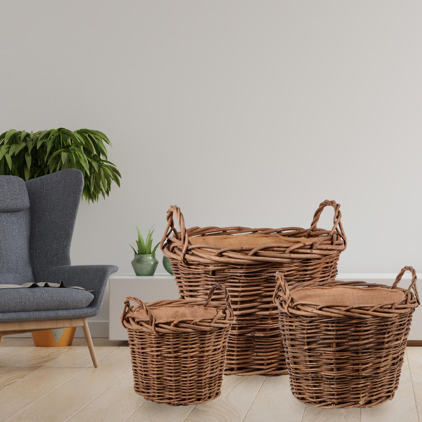Korb Weide rund 2 Griffe mit Kunststoffeinsatz 3er Set