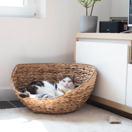 Haustierkorb rund/halboffen natur mit Kissen grau